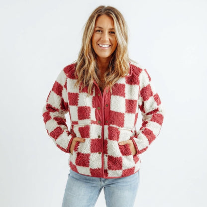 Jacket Women - Checkerboard Fleece Jacket with Zip Front