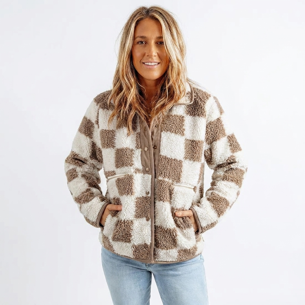 Jacket Women - Checkerboard Fleece Jacket with Zip Front