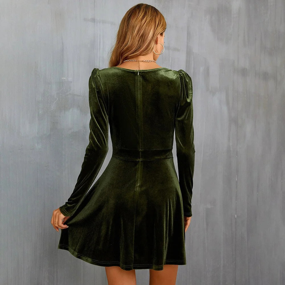 Women's Wrap Mini Skater Dress with Puff Sleeves