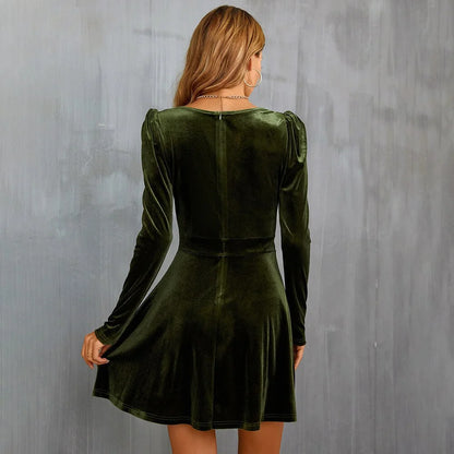 Women's Wrap Mini Skater Dress with Puff Sleeves