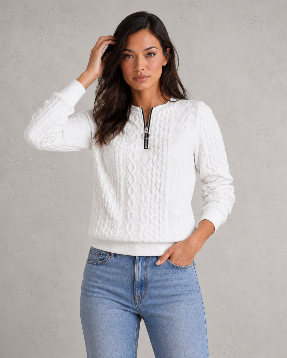 Sweater Women - Cable Knit Jumper with Quarter Zip