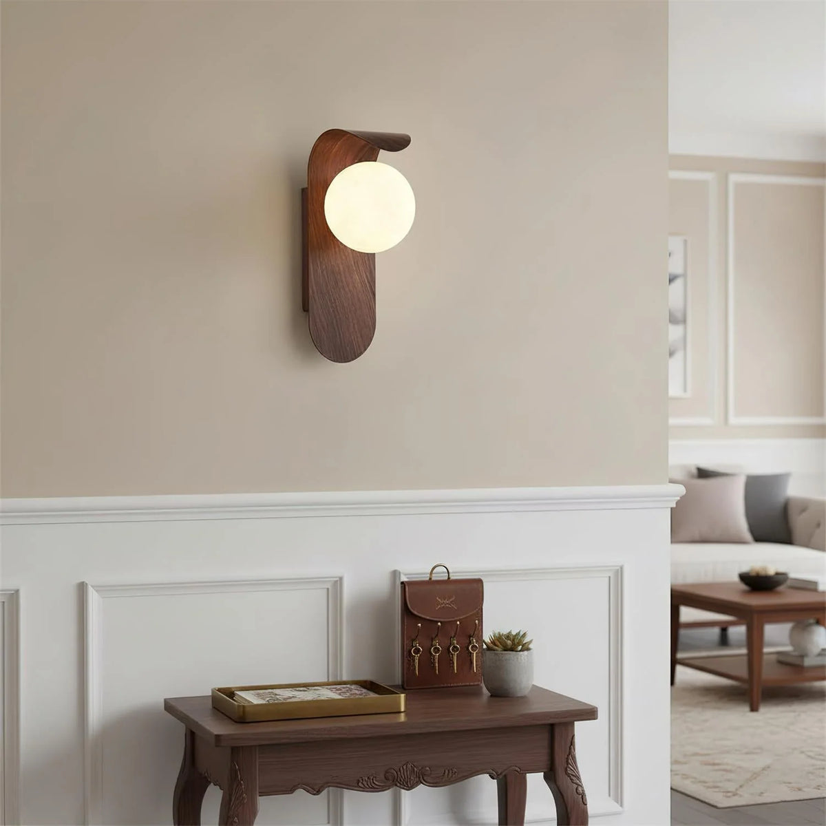 Wood Wall Light – opal globe shade, wood-effect finish, compact