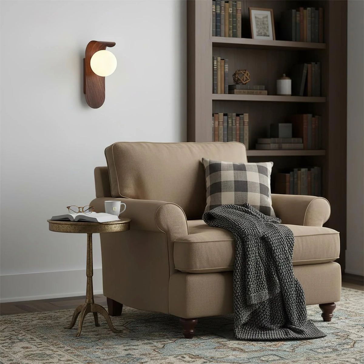 Wood Wall Light – opal globe shade, wood-effect finish, compact